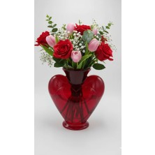 Heryerden El Yapımı Cam Kalp Vazo Kırmızı Renk 23 cm Kalpli Vazo