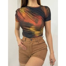 Queene Dreams Bel Omuz Büzgülü Batik Baskı Sendy Bluz  -Kiremit