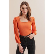 Queene Dreams 0442 Uzun Kollu Bluz - Turuncu