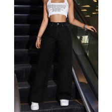 Maison De Mode Siyah Palazzo Pantolon Wide Leg Yüksek Bel Denim Jeans