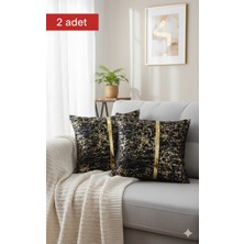 Lüks 2'li Kadife Kırlent Kılıfı Seti - 40X40 cm Altın Şeritli Dekoratif Yastık Kılıf Varaklı