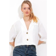 Queene Dreams Beyaz Çift Düğmeli Oversize Crop Keten Ceket 0706