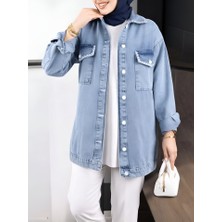 Queene Dreams Kapaklı Cepli Puntolu Kot Ceket -Buz Mavi