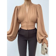 Queene Dreams Düğmeli Arkası Lastikli Balon Kol Sandy Crop     -Vizon