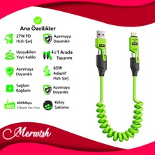 Goes 65W 4’ü 1 Arada Yaylı Şarj Kablosu Type-C & Lightning Destekli, 27W Pd Hızlı Şarj, 1.5m Uzayabilir Kablo