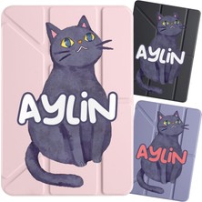Senada iPad Pro 12.9 2020 (4.nesil) Kılıf Isim Yazılı Uyku Modlu Kalem Bölmeli Standlı  -Mor Kedi