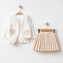 Kız Çocuk Pileli Etekli Kalp Detaylı Peluş Yelekli 4'lü Kombin Takım - Premium Seri