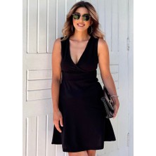 Queene Dreams Kadın Kalın Askılı Kruvaze Yaka Eteği Volanlı Krep Elbise