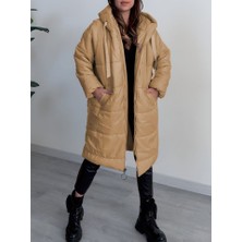 Queene Dreams Kapşonlu Bağcık Detaylı Fermuarlı Şişme Mont -Vizon