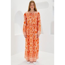 Queene Dreams Turuncu Ekru Desenli Uzun Viskon Elbise 1947