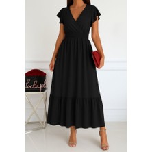 Queene Dreams Kadın Kısa Kelebek Kollu Kruvaze Yakalı Beli Lastikli Aerobin Elbise