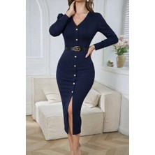 Queene Dreams Kadın Uzun Kollu V Yakalı Önden Düğmeli Yırtmaçlı Modal Midi Kemersiz Elbise