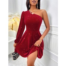 Queene Dreams Kadın Tek Omuzdan Açık Uzun Kollu Taşlı Mini Elbise