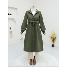 Queene Dreams Belden Bağlamalı Top Düğmeli Kaşe Kaban -Haki