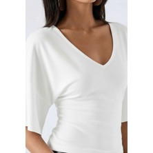 Tarz Cool Kadın Yarasa Kol V Yaka Likralı Bluz & Tişört