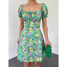 Queene Dreams Yakası Lastikli Bağcık Detaylı Mini Elbise -A.yeşil