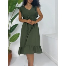 Queene Dreams Omuzu Fırfırlı Beli Lastikli Sıfır Kol Midi Boy Ayrobin Elbise  -Haki