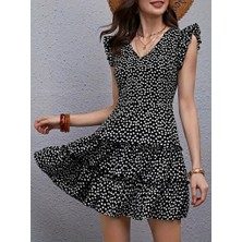 Queene Dreams Kadın Kısa Kollu V Yakalı Desenli Fırfırlı Süprem Elbise