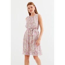 Queene Dreams 2501 Desenli Sıfır Kol Şifon Elbise - Pembe