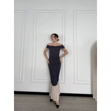 Queene Dreams Striptiz Omuzlu Uzun Elbise- Füme