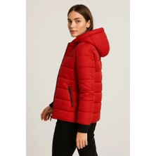 Queene Dreams Şişme Kapüşonlu Fermuarlı Mont Su Itici Kapitone Astarlı Kumaş Cepli Kışlık Rahat Kalıp - Kırmızı