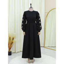 Queene Dreams Kabartma Çiçekli Tül Kollu Kemerli Elbise -Siyah