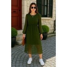 Queene Dreams Kadın Uzun Kollu Astar Detay Fırsat Ürün Ponpon Şifon Elbise