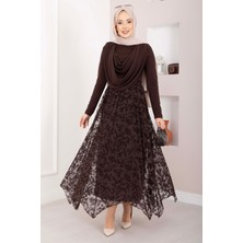 Md Flok Baskılı Asimetrik Kesim Tül Etek Kahve