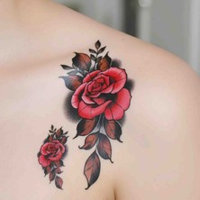 Bontexs Kırmızı Gül ve Yaprak Motifli Suya Dayanıklı Geçici Dövme - Gerçekçi Unisex Dövme