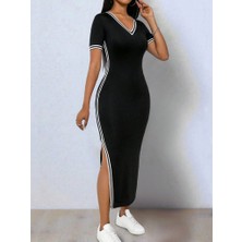 Queene Dreams Kadın Kısa Kollu V Yakalı Yandan Yırtmaçlı Viskon Iki Iplik Elbise