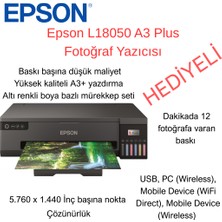 Epson L18050 A3+ Renkli Mürekkep Tanklı Foto Yazıcı, Wi-Fi, Siyah (6 Renk) +  50 Yaprak  Fotoğraf Kağıdı  Hediye