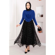 Md Flok Baskılı Asimetrik Kesim Tül Etek Siyah