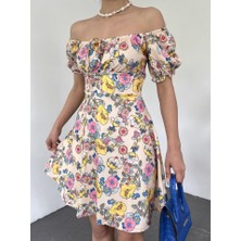 Queene Dreams Yakası Lastikli Bağcık Detaylı Mini Elbise -Bej