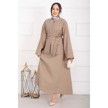 EFL Kabartma Dokulu Kuşaklı Etek Takım Vizon