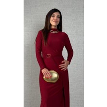 Queene Dreams Kadın Balıkçı Yaka Toka Detay Sandy Kumaş Midi Boy Elbise