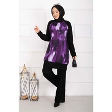 ZMR Batik Desen Ribanalı Tesettür İkili Takım Mürdüm