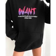 Queene Dreams Baskılı Üç Iplik Kapüşonlu Oversize Sweatshirt - Siyah