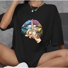 Queene Dreams Unisex Bisiklet Yaka Baskılı Oversize T-Shirt - Siyah
