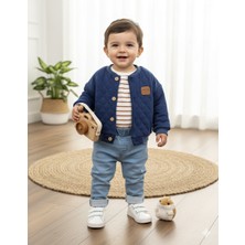 Lino Baby Şeritli Badi Likralı Kot Pantolon Kapitone Mevsimlik Mont 3lü Erkek Bebek Çocuk Takım