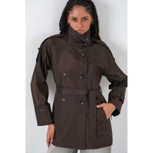 Queene Dreams Kruvaze Yaka Kısa Trençkot 5980 - Kahverengi