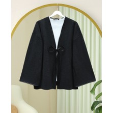 Queene Dreams Önü Bağlamalı Deri Detaylı Salaş Kimono  -Siyah