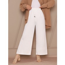 Queene Dreams Bağcık Detaylı Bol Paça Beli Lastikli Pantolon -Beyaz