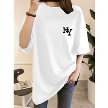 Queene Dreams Baskılı Oversize Bisiklet Yaka T-Shirt - Beyaz