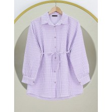 Queene Dreams Boydan Düğmeli Bağcıklı Çizgili Bürümcük Gömlek -Lila
