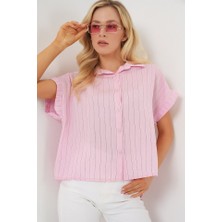 Queene Dreams Çizgili Kısa Kol Gömlek 20327 - Pembe