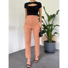 Queene Dreams Yüksek Bel Cep Detaylı Fermuarlı Pantolon  -Tarçın