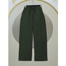 Queene Dreams Bağcık Detaylı Bol Paça Beli Lastikli Keten Pantolon -Haki