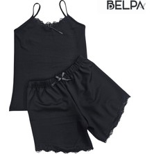 Belpa Sıla Sella Kadın Dantelli Siyah Ip Askılı Gecelik Takımı