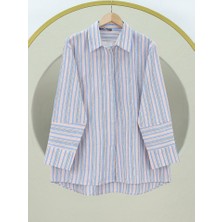 Queene Dreams Arkası Uzun Kabartma Çizgili Oversize Gömlek -Mavi