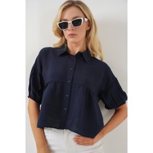 Queene Dreams Kısa Kol Crop Gömlek 20335 - Lacivert
